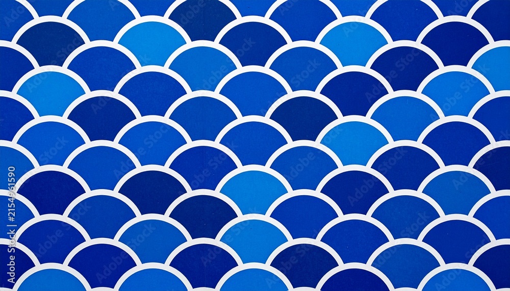 Obraz premium Traditional Japanese Seigaiha Wave Pattern Background with Repeating Blue Scales and White Arcs Emphasizing Rhythm, Continuity, and Cultural Symbolism
