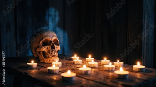 A spooky human skull sitting on a wooden table surrounded by many glowing tea light candles in dark room