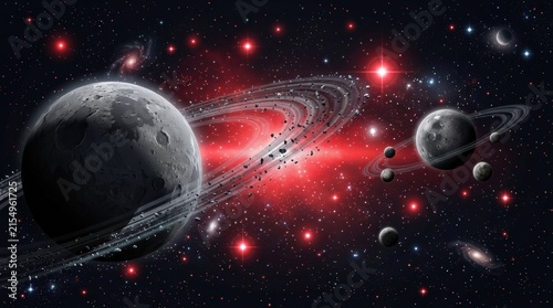 Vast cosmic expanse with ringed planets and nebulae in deep space