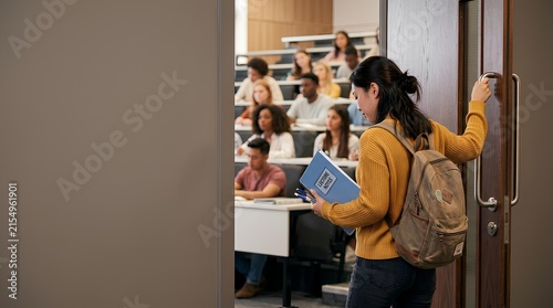 Asian female student with backpack and lecture notes entering modern university classroom. Diverse students seated in tiered lecture hall background during college class session.