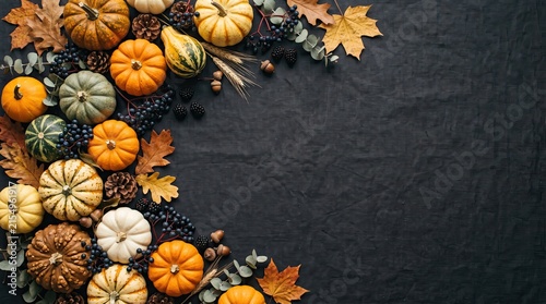 Top view of assorted decorative pumpkins and autumn leaves arranged on a dark textured background with copy space