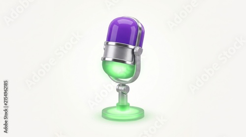Retro microphone with vibrant purple and green glowing accents