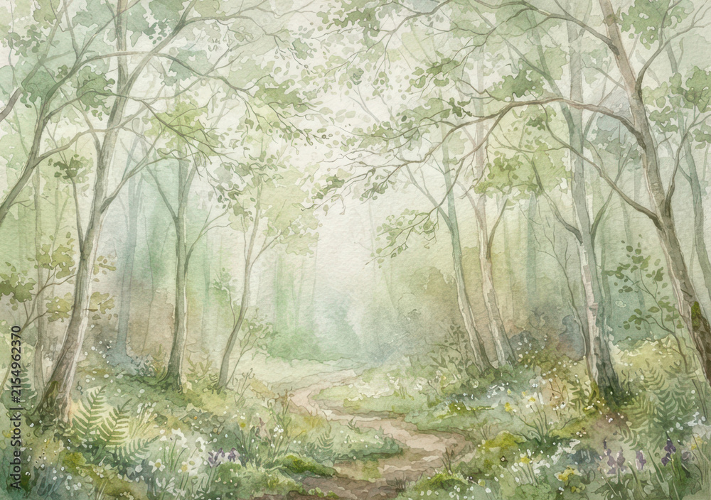 Fototapeta premium Enchanting forest path winding through sun-dappled trees and wildflowers