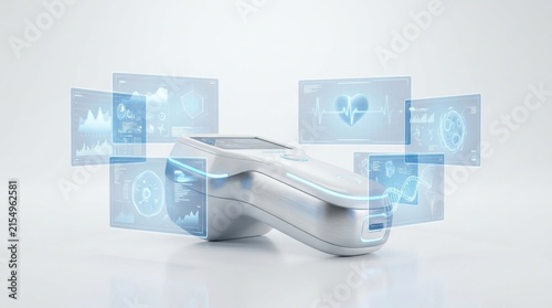 Futuristic medical device with holographic displays showing health data