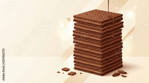 Stack of chocolate wafer cookies with creamy filling and dripping chocolate sauce