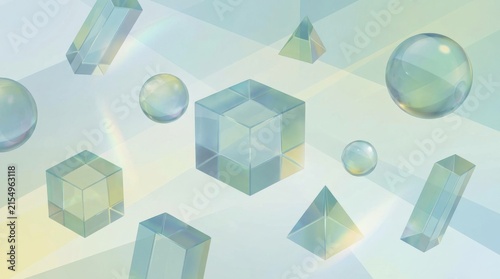 Abstract geometric shapes with light refractions and soft pastel background