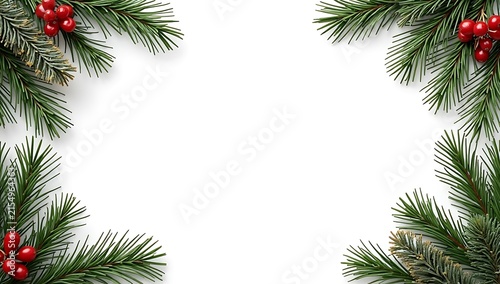 Christmas frame made of fresh green pine branches and red holly berries for winter holidays