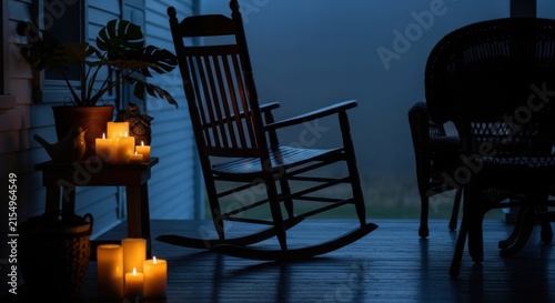Cozy Evening Porch Scene With Rocking Chair And Candles