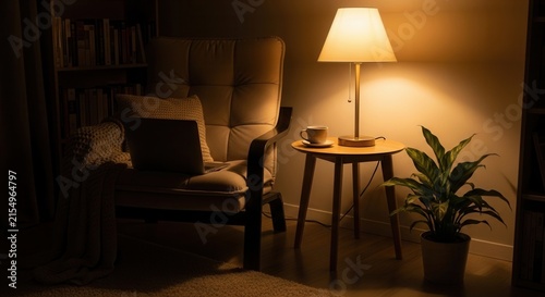 Cozy Evening Reading Nook With Laptop And Warm Lamp Glow