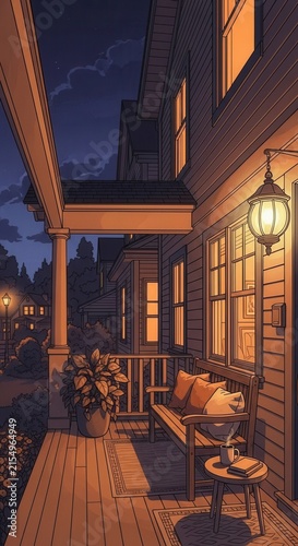 Cozy Evening Porch Scene With Warm Lighting And Inviting Ambiance