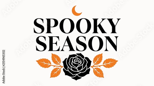Spooky season typography with black rose crescent moon and orange leaves is a vector illustration