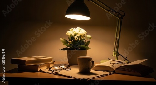 Cozy Evening Study Desk With Lamp Books And Flowers