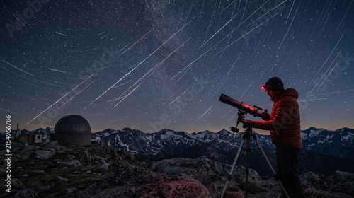 Fototapeta kuchenna Astronomer at alpine observatory under satellite light streaks