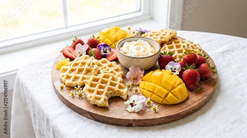 Round wooden platter with waffles, mango and edible flowers, pastel spring brunch
