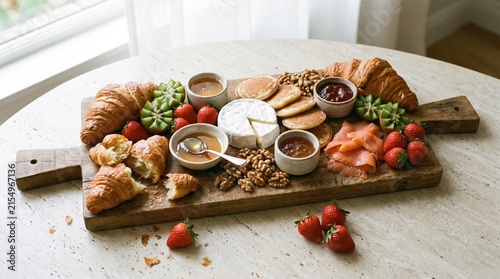 Round breakfast board with croissants, pancakes, walnuts and smoked salmon, colorful brunch spread