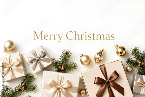 Merry Christmas wishes greeting card template, flatlay background, gift box with golden ribbon, festive decoration 