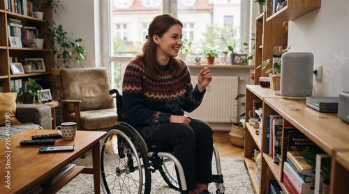 Smiling woman in wheelchair interacts with smart home device