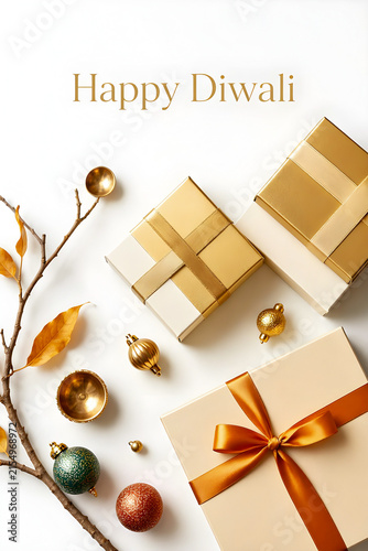 Happy Diwali wishes greeting card template, flatlay background, gift box with golden ribbon, festive decoration 