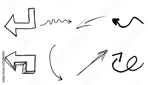 Hand-drawn arrow set on white background, black ink sketch arrows, minimalist doodle pointer collection for business presentations