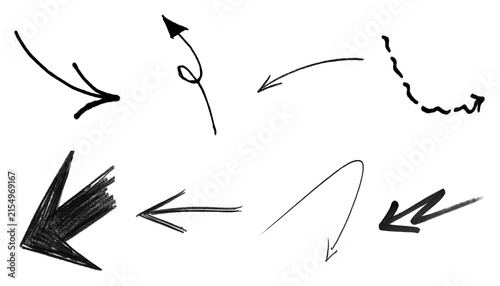 Hand-drawn black arrow set, collection of 8 sketchy charcoal pointers, minimalist ink directional symbols on white background