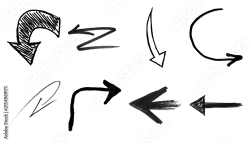 Hand-drawn arrow set, black ink sketch pointers on white background, 8 charcoal style directional signs for business presentations