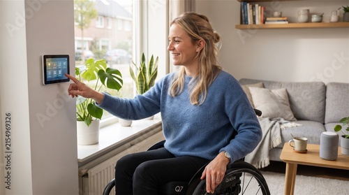 Woman in wheelchair operating smart home system in living room