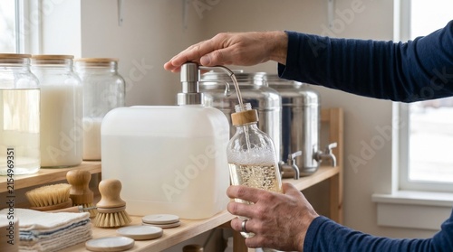 Hands filling glass bottle with liquid soap, Household refill station in bulk store, Zero waste cleaning products, Sustainable lifestyle choice, Clean copy space