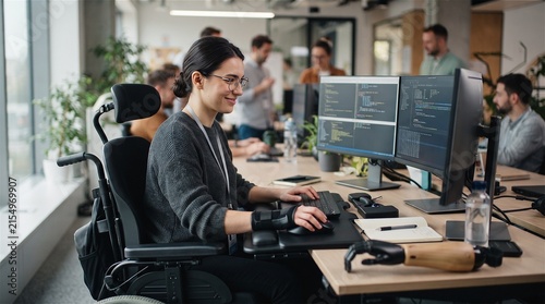 Woman with Prosthetic Arm Coding in Office