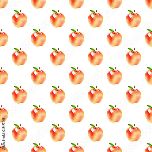 Watercolor apple seamless pattern with fresh red apples on white background