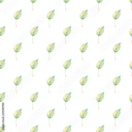 Watercolor green leaves seamless pattern on white background
