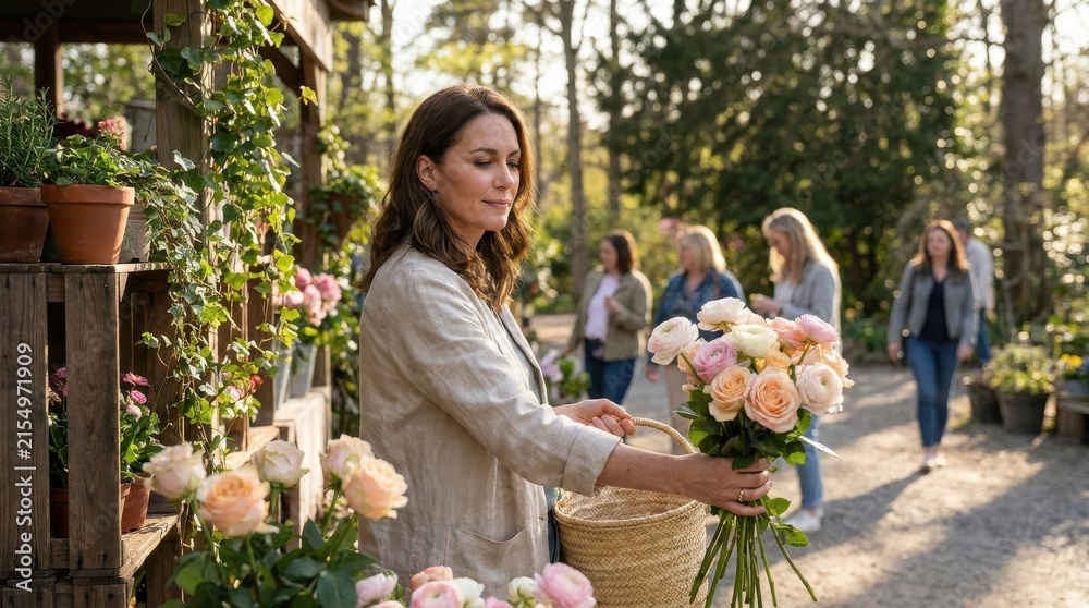 Fototapeta premium Woman selecting a bouquet of roses at an outdoor flower stand
