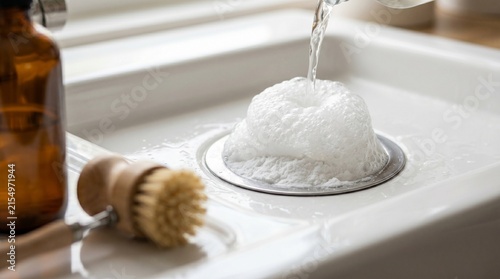 Macro shot of vinegar and baking soda reaction, Effervescent fizzing foam in porcelain sink, Natural non toxic cleaning action, Close up chemical reaction