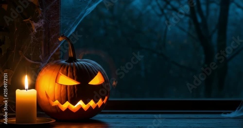 Jack-o-lantern pumpkin glowing by a window, cinematic slow motion footage, spooky Halloween night atmosphere with a lit candle and spiderwebs on a dark background