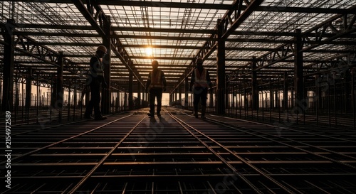 Construction Workers Overseeing Building Progress At Sunset Silhouetted Figures Against Golden Light