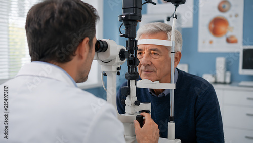 optometrist examining senior male patient eyes with biomicroscope slit lamp machine in modern eye clinic during medical vision checkup consultation
