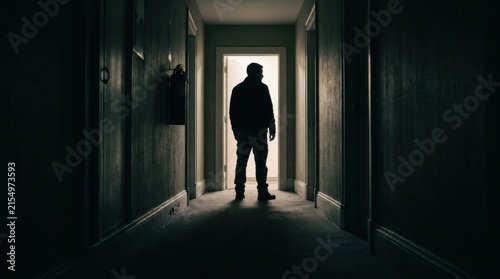 Silhouette of a man standing in a dimly lit hotel hallway with an open door