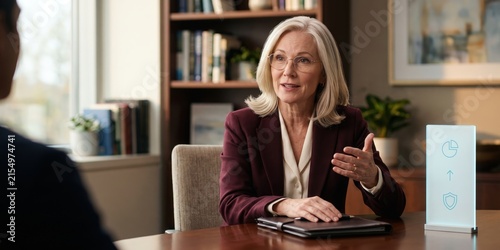 Senior financial advisor discussing investment portfolio and financial security with client in modern office - wealth management, retirement planning and professional financial consultation