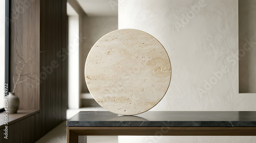 Minimalist Travertine Stone Disc Sculpture on Black Marble Countertop, Modern Wabi-Sabi Interior Decor Accent, Japandi Neutral Beige Marble Ring Art Object for Luxury Living Room and Studio
