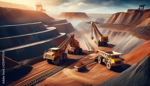 mining activity with excavators trucks and conveyor belts in a harsh industrial landscape generative ai