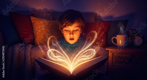 Child Enraptured by Magical Book Illumination