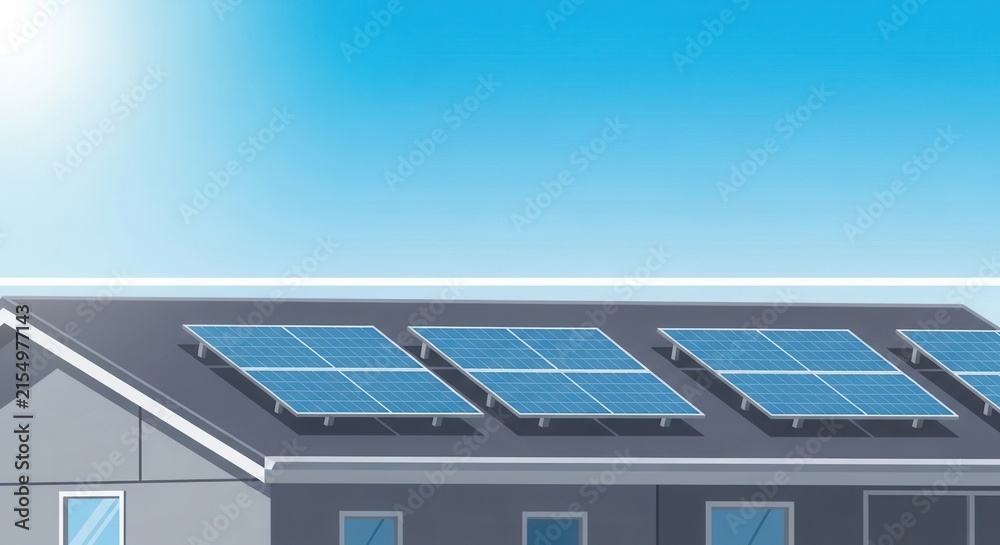 Fototapeta premium Clean Energy Solar Panels On A House Roof Under A Bright Blue Sky