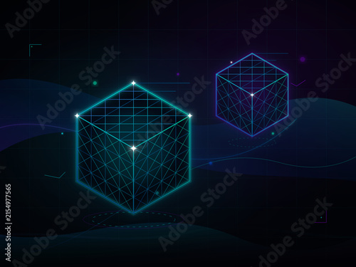 Two glowing wireframe cubes, representing digital data blocks or virtual reality objects, float in a dark, futuristic digital space with subtle wavy background elements and geometric overlays.