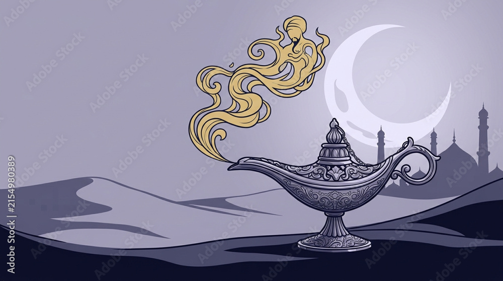 Fototapeta premium An ornate oil lamp with a wisp of golden smoke curling upward illustration - Fantasy style flat vector illustration