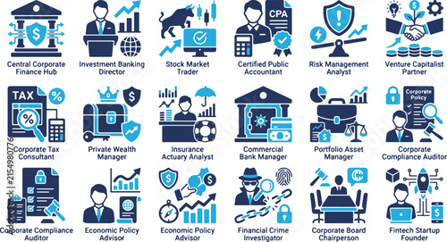 Corporate finance and business management professional job titles illustrated with custom symbols.