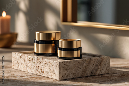 Sophisticated dressing table featuring blank cosmetic jars on a travertine tray, brushed brass mirror, seamless cream background, soft diffused daylight,, perfect for modern design, travel, or