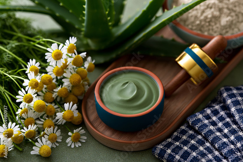 Amazing close-up or wide angle showing sophisticated beauty ingredient composition featuring chamomile blossoms, aloe vera, mineral clay and ceramic trays, premium commercial styling,
