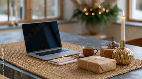 Sophisticated office desk with premium laptop, parcels and decorative accessories, luxury shopping banner, bright Scandinavian interior,, perfect for modern design, travel, or lifestyle marketing