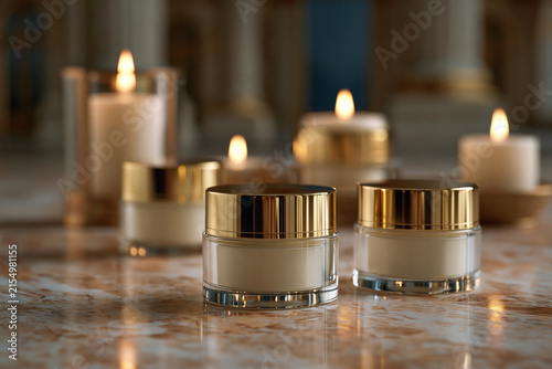 An exquisite and picturesque depiction of sophisticated arrangement of blank skincare jars on ivory marble with elegant architectural forms, premium advertising quality,
