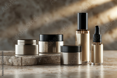 Beautiful and intricate composition showing sophisticated skincare display featuring blank cream jars and serum bottles on polished travertine, soft shadows, premium advertising style,