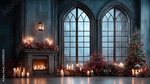 Festive winter interior with candlelight and a grand window
